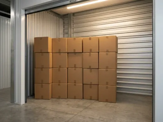 Neatly organized moving boxes stack inside a bright, clean storage unit with warm lighting and smooth concrete floors.